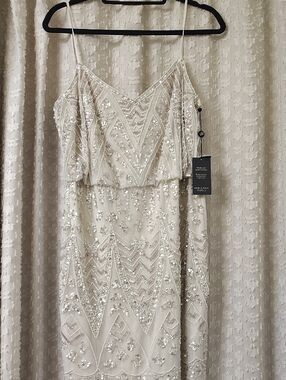 Adrianna Papell Ivory Sequin & Pearl Embellished Gown